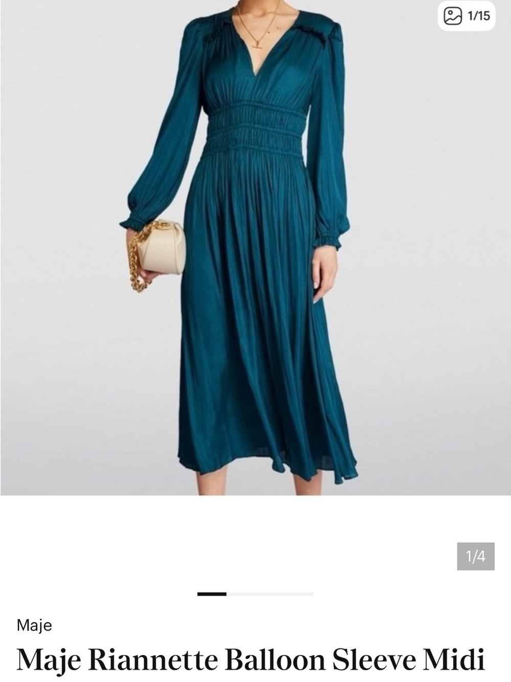 Maje Teal Long-Sleeve Smocked Waist Midi Dress